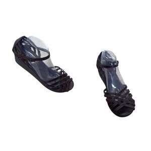 Skechers Brown Leather Strappy Wedge Sandals Ankle Strap Size 10